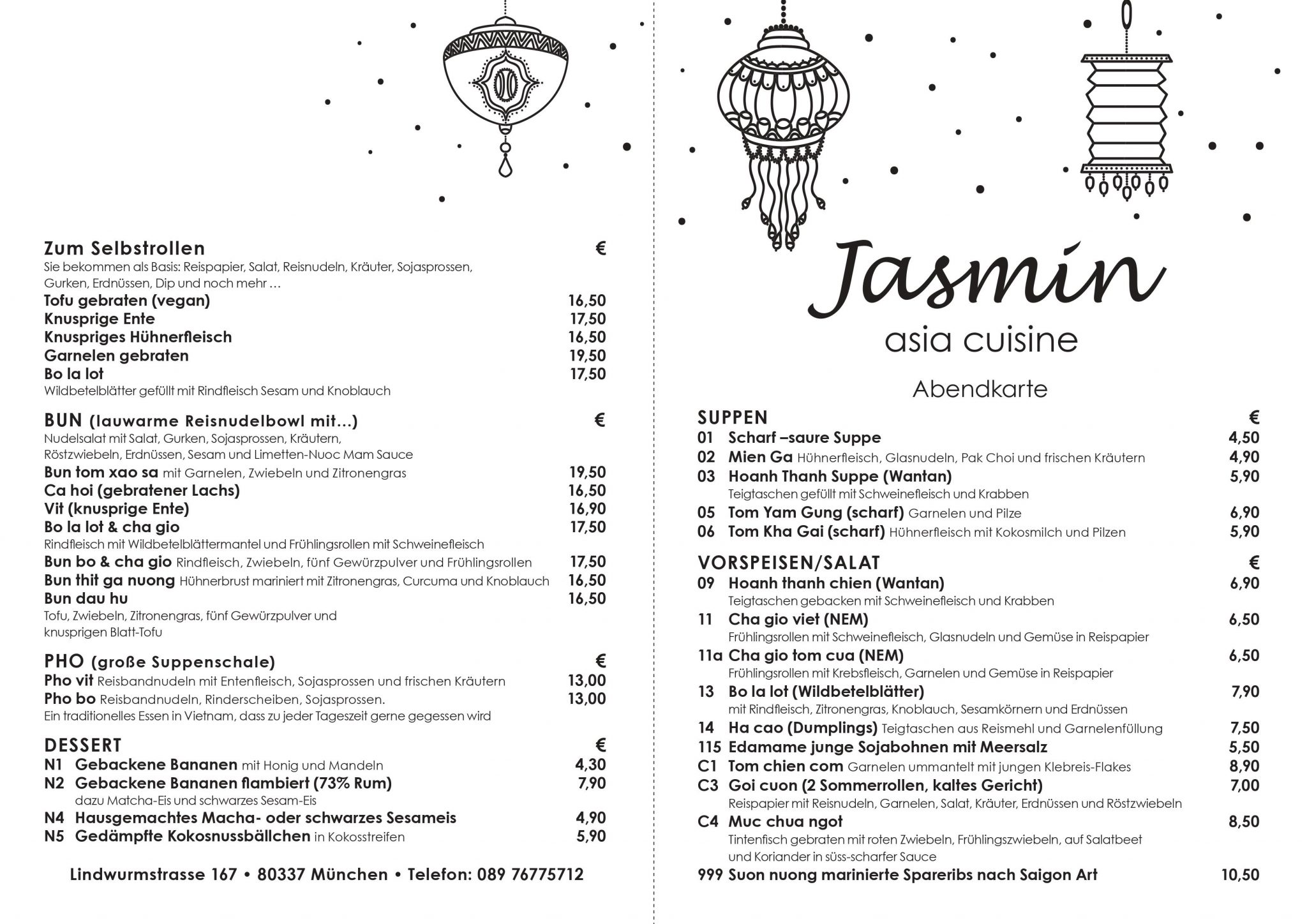 Abendkarte Jasmin Asia Cuisine 1